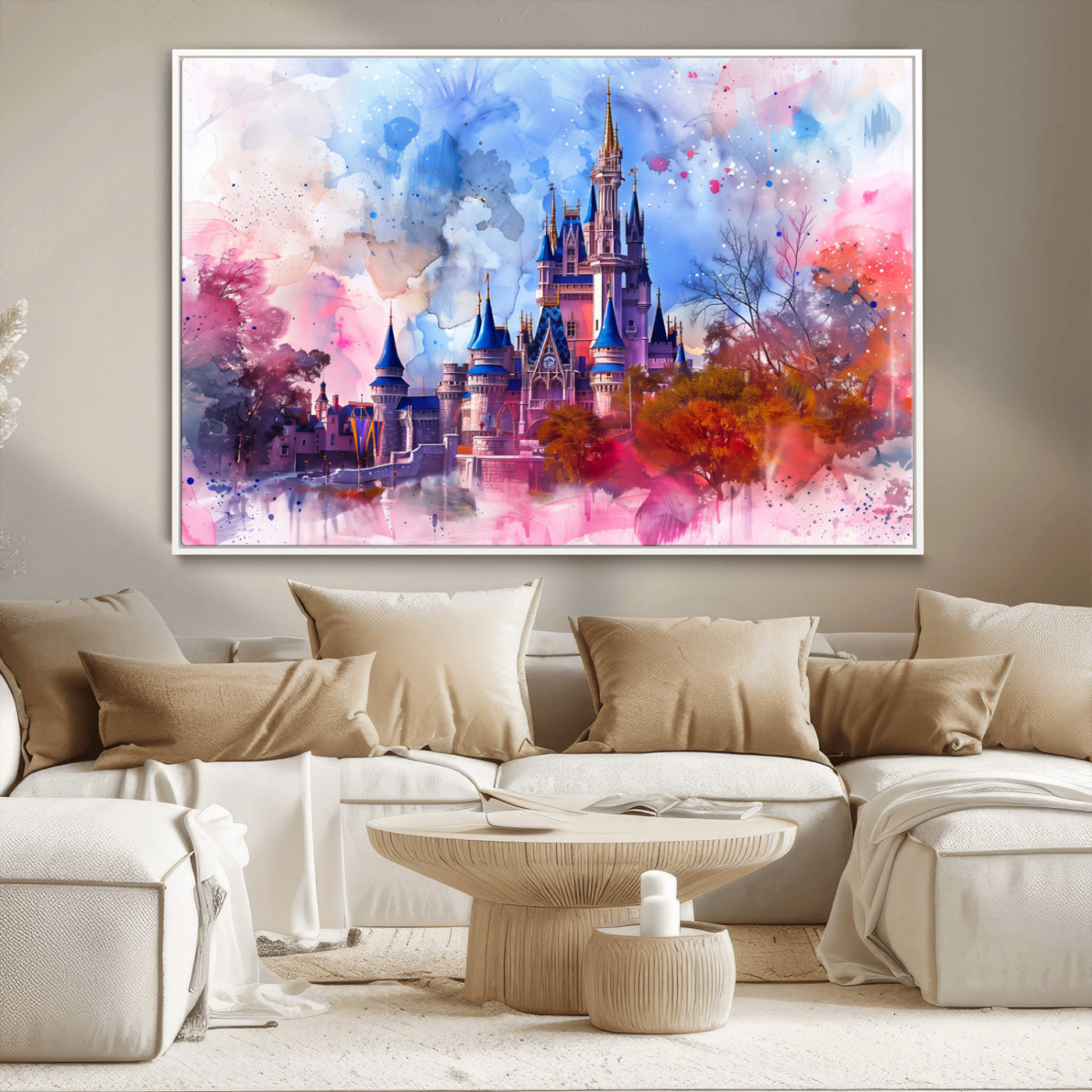 Watercolor canvas of a dreamy Disney-style castle in pastel pink and blue tones, perfect for fairytale or whimsical home decor.