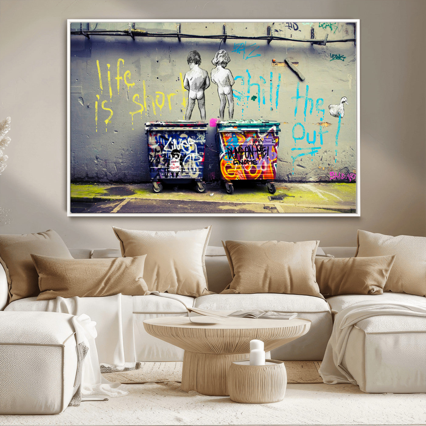 Graffiti-style canvas art with bold text and two naked figures over urban dumpsters, ideal for edgy or street-style decor.