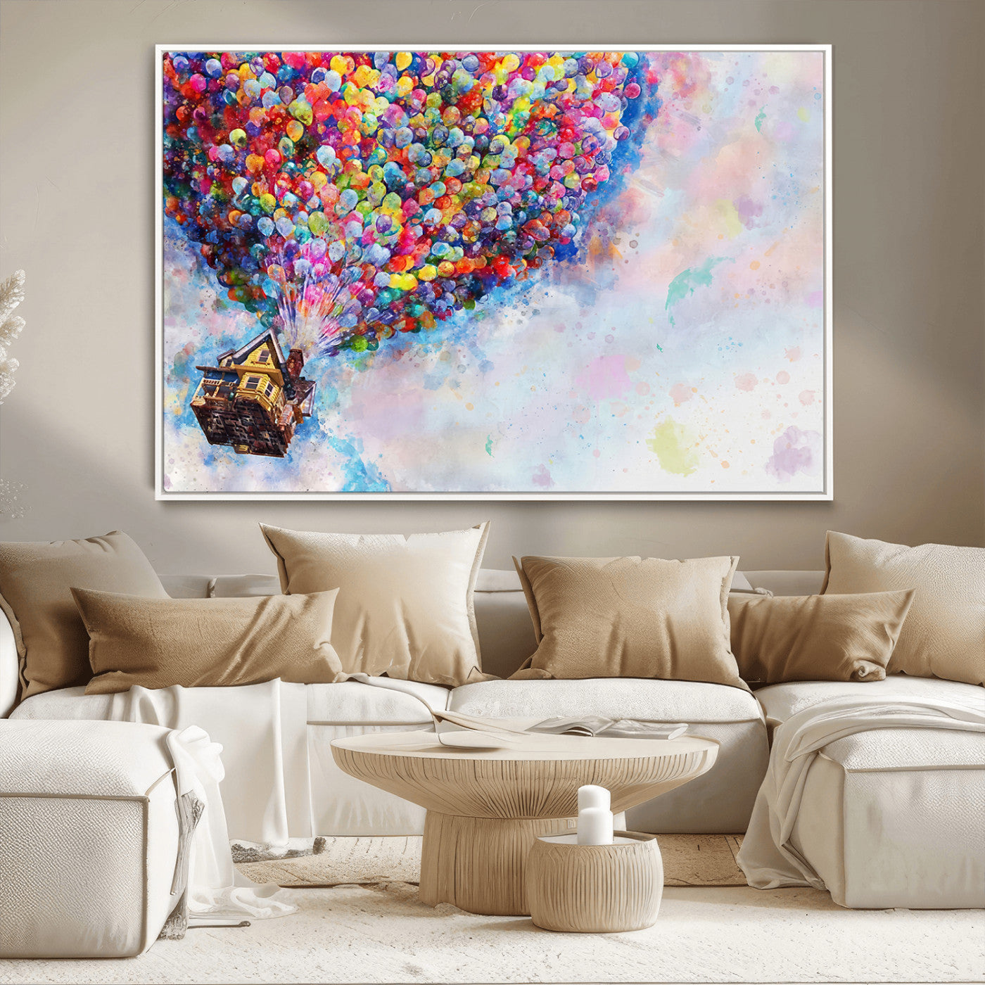 Whimsical canvas of the house from the movie Up flying with colorful balloons, ideal for Pixar or animation-themed decor.