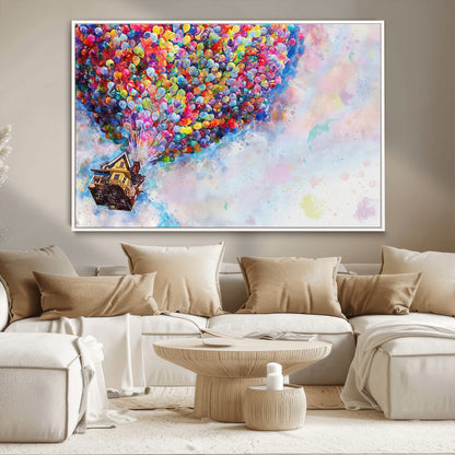 Whimsical canvas of the house from the movie Up flying with colorful balloons, ideal for Pixar or animation-themed decor.