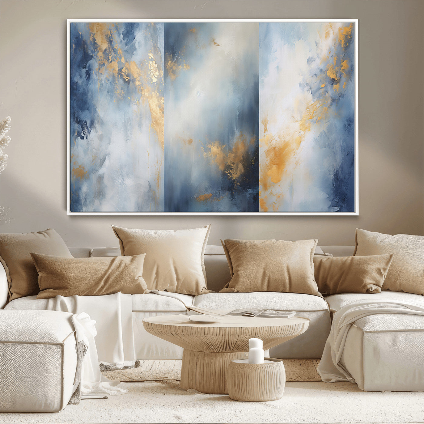 Abstract canvas art in soft blue and gold tones with textured brushstrokes, ideal for elegant or modern neutral decor spaces.