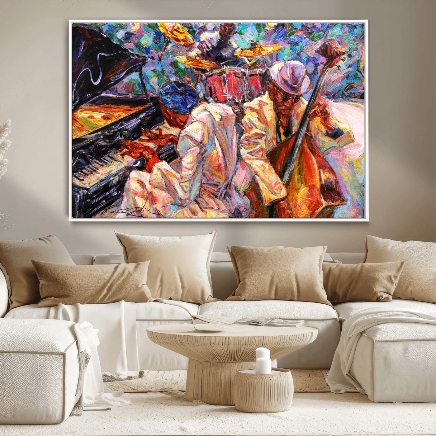 Vibrant oil painting of a jazz band with piano, saxophone, and bass, ideal for colorful and expressive music-themed home decor.