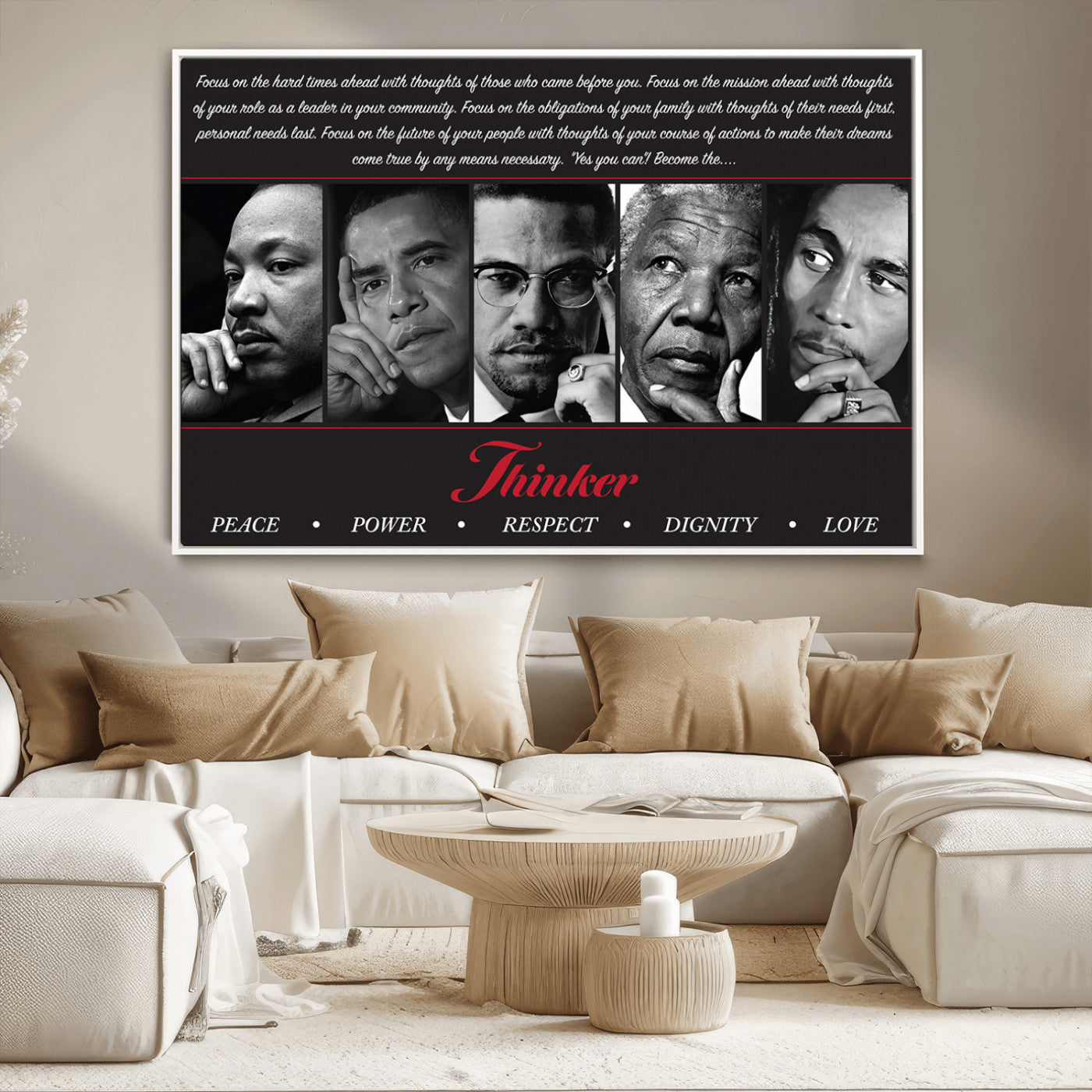 Monochrome canvas of iconic Black leaders with a powerful quote, perfect for modern spaces with a cultural or motivational theme.