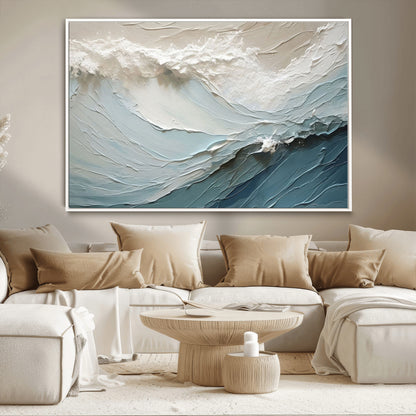 Textured canvas of ocean waves in soft coastal blues and creamy whites, ideal for modern or minimalist coastal-style interiors.