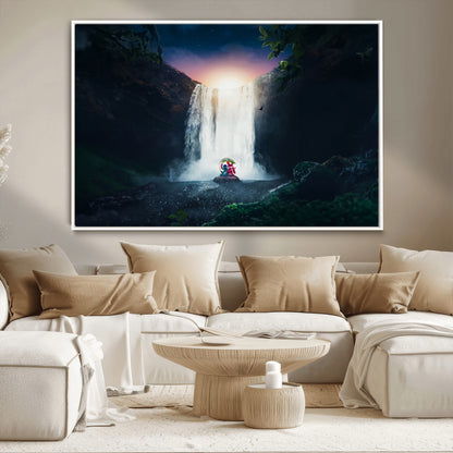 Romantic scene of Stitch and Angel sitting under a leaf in front of a glowing waterfall, ideal for tropical or fantasy-themed decor.