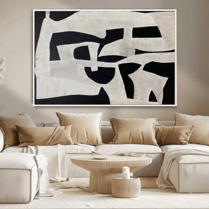Minimalist black and white canvas featuring bold abstract textures and geometric shapes, ideal for modern neutral decor.