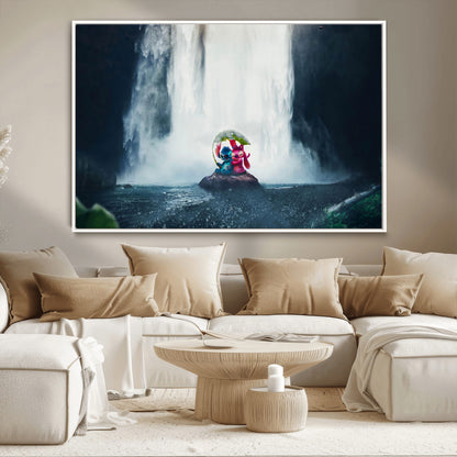 Fantasy canvas of Stitch and Angel under a leaf umbrella in front of a dramatic waterfall, perfect for moody jungle-themed or animated decor.