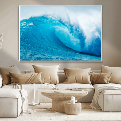 Vibrant canvas of a powerful curling ocean wave in tropical blue tones, perfect for coastal or surf-inspired decor settings.