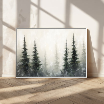 Soft and misty pine forest painting in neutral earthy tones, ideal for calm woodland or minimalist rustic home decor.