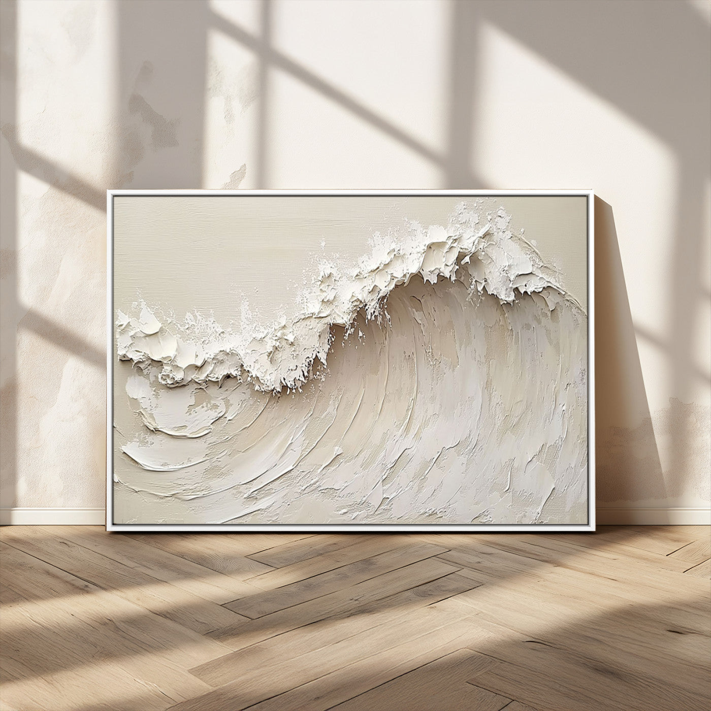 Textured canvas of an abstract white ocean wave in neutral tones, ideal for modern coastal or minimalist home decor.