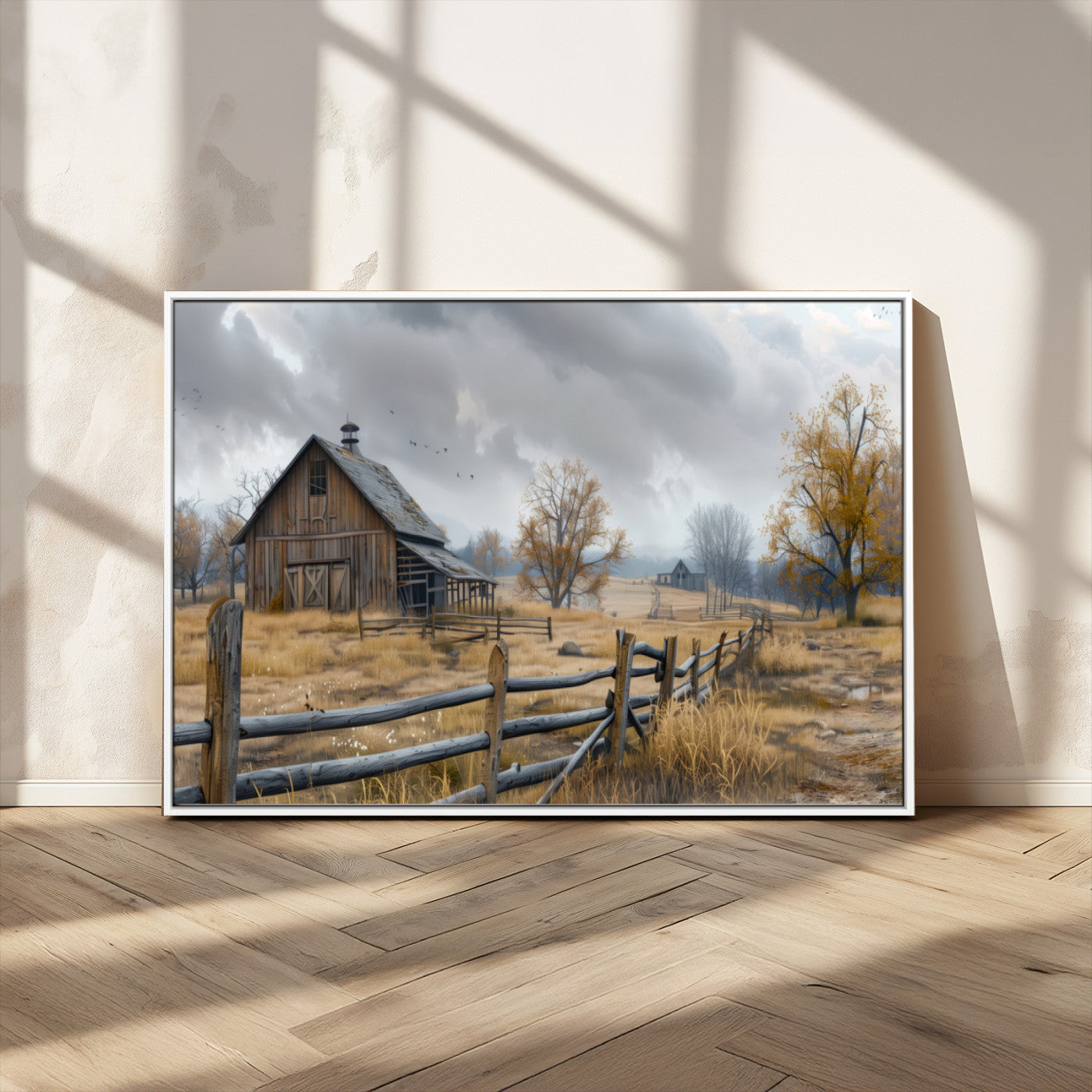 A tranquil rural scene featuring a rustic barn, overcast skies, and golden fields with scattered trees, evoking a sense of peaceful solitude in nature.