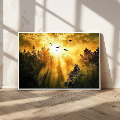 Canvas of a golden forest at sunset with birds flying through glowing sunbeams and silhouetted pine trees, ideal for warm-toned rustic decor.