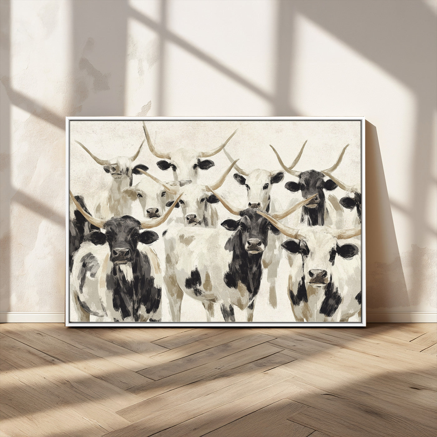 Canvas of a Texas Longhorn cattle herd in neutral black and white tones, ideal for rustic farmhouse or western-themed decor.