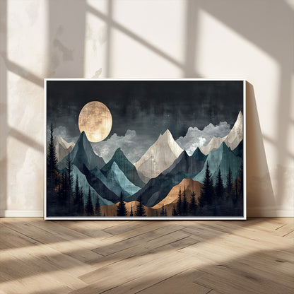 Stylized canvas of layered mountains under a full moon in neutral moody tones, ideal for nature-inspired or modern rustic interiors.