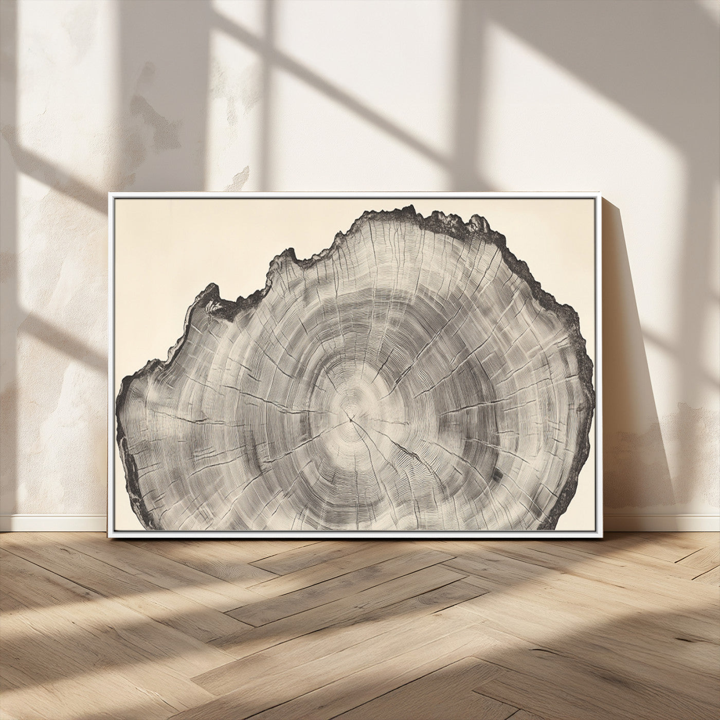 Detailed tree ring drawing in monochrome tones, ideal for rustic or nature-inspired interiors with a minimal decor aesthetic.