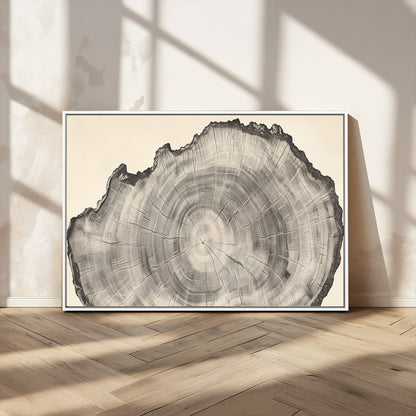 Detailed tree ring drawing in monochrome tones, ideal for rustic or nature-inspired interiors with a minimal decor aesthetic.