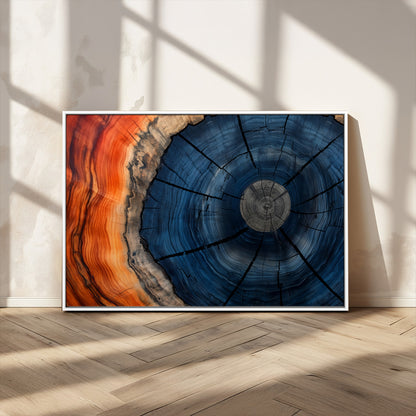 A captivating close-up of a tree trunk, showcasing its concentric rings in rich shades of blue, orange, and brown, highlighting the organic patterns of natural wood.