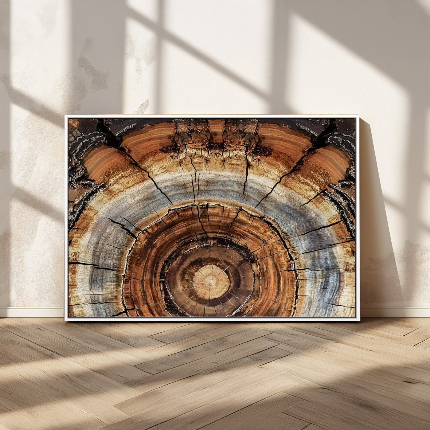 Canvas of tree rings and natural wood grain in earthy tones, ideal for rustic or vintage-inspired home decor with organic textures.