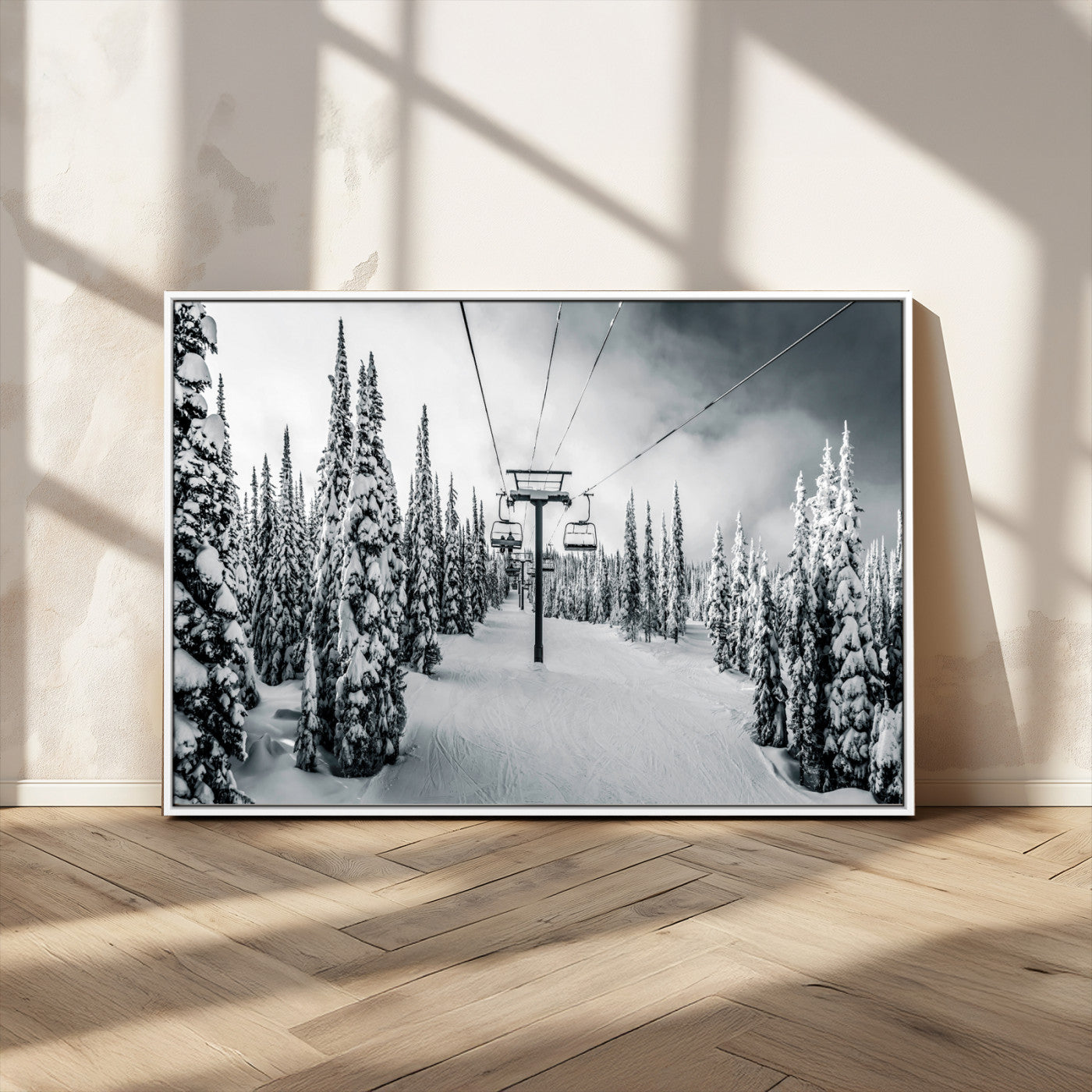 Canvas of a snowy ski lift scene through a forest of tall pine trees, ideal for moody winter or alpine-themed home decor.