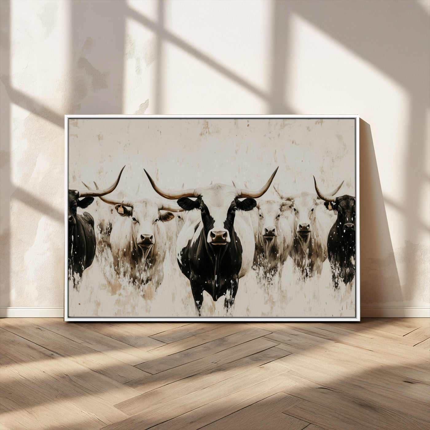 Illustrated herd of longhorn cattle in black and white tones with a neutral textured background, perfect for rustic or farmhouse-style decor.