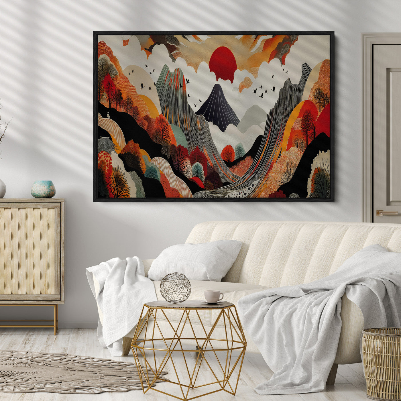 Abstract Mountain Wall Art Canvas Print, Vibrant Landscape Print, Framed Stylized Nature Drawing Art Print, Large Sunset Mountains Printing Perfect for Contemporary Minimalist Decor