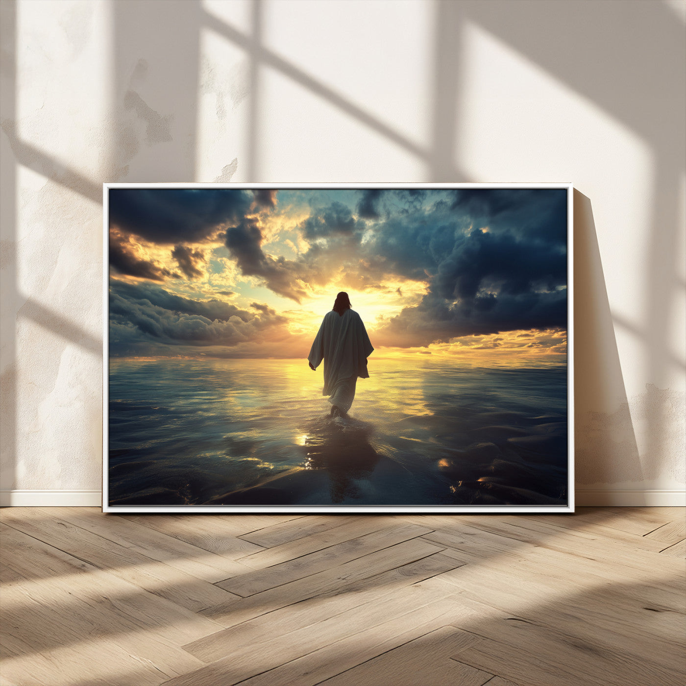 Spiritual artwork of Jesus walking on water at golden hour with divine light, ideal for Christian home decor or prayer room.