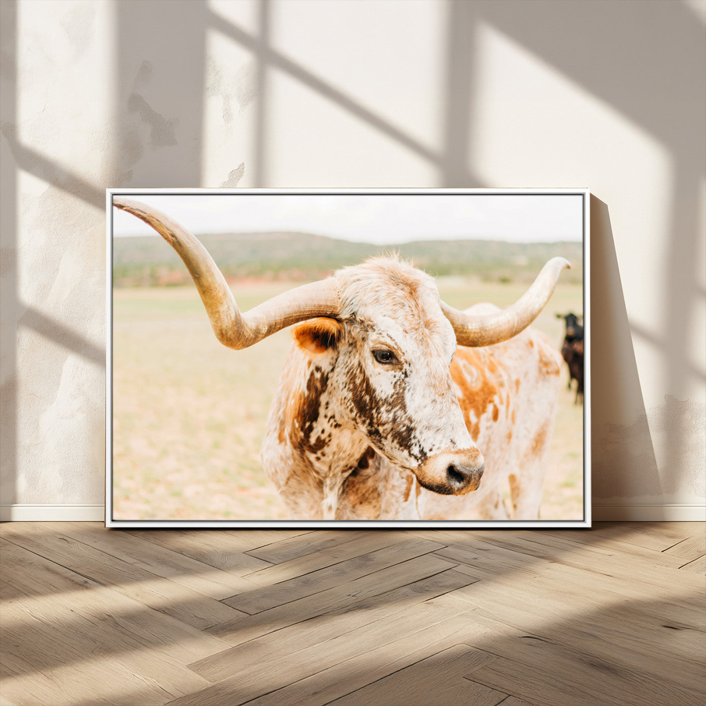 Close-up of a speckled Texas Longhorn in warm prairie tones, perfect for rustic western or countryside-themed room decor.