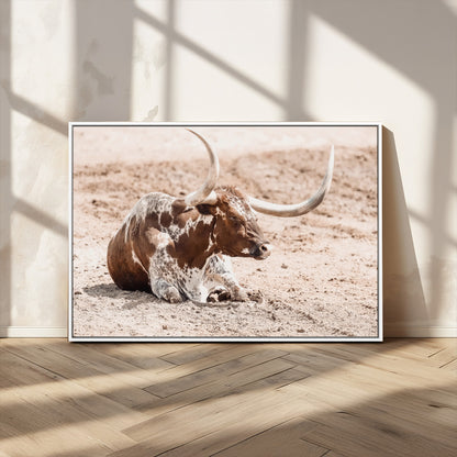 Texas Longhorn bull resting on dusty ground with warm tones, ideal for rustic western or farmhouse-themed wall decor.