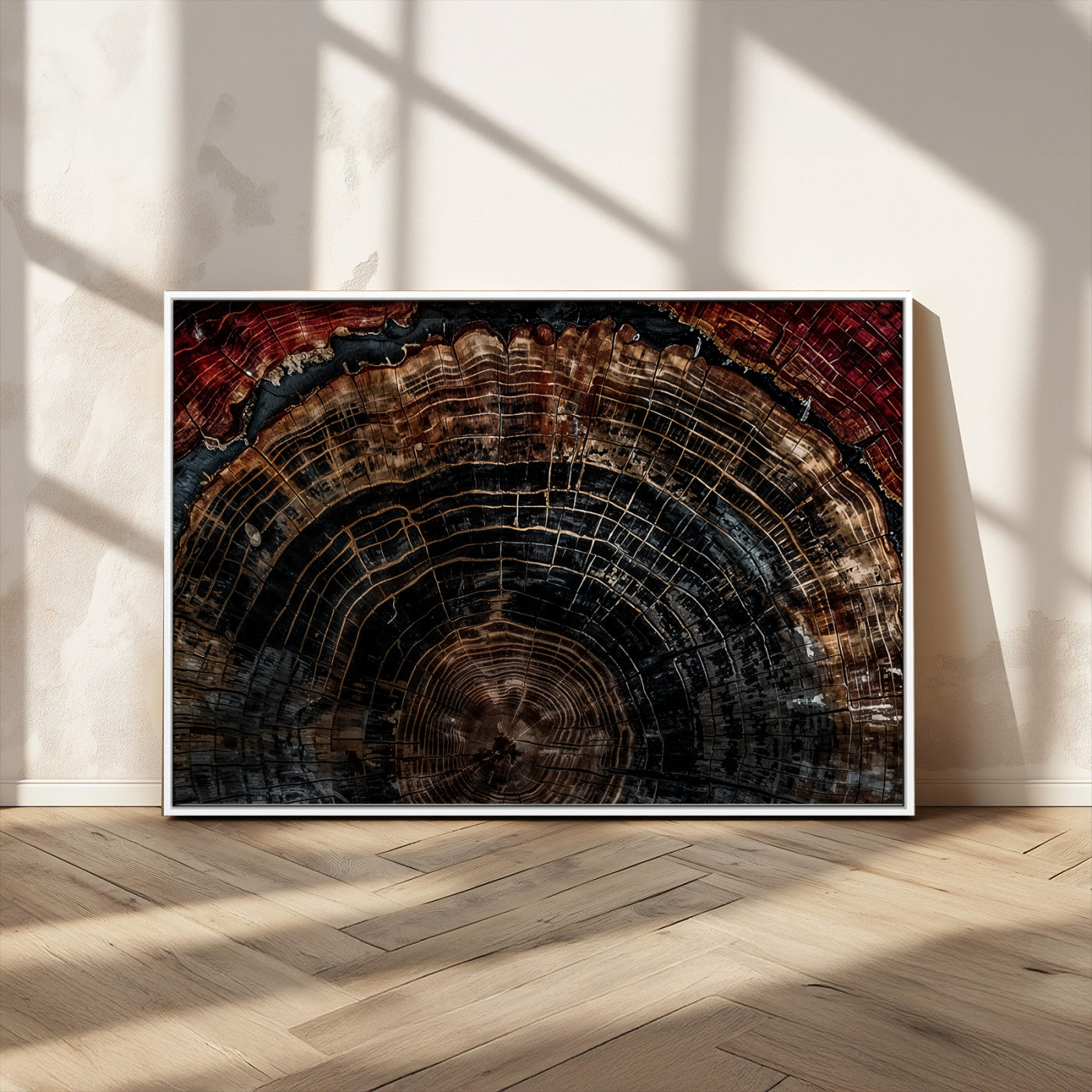 Dark Wood Wall Art Print - Petrified Tree Canvas Print, featuring an intricate tree ring pattern with deep earthy tones and organic textures, perfect for rustic and nature-inspired decor.