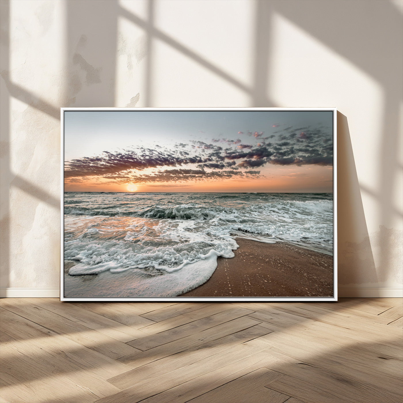 Ocean Sunset Wall Art Print - Beach Waves Canvas Print, featuring a serene seascape with golden sunlight reflecting on gentle waves, perfect for coastal and minimalist decor.