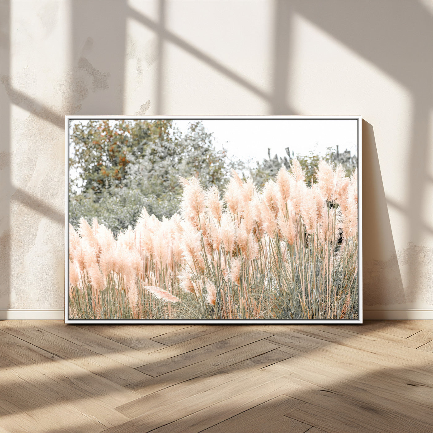 Soft pastel pampas grasses in a natural setting, ideal for neutral boho or rustic botanical-style interior wall decoration.