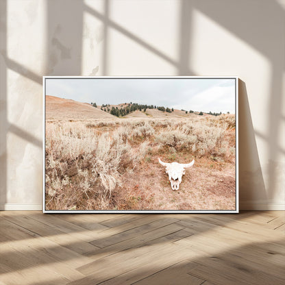 Rustic bull skull on dry sagebrush field under soft light, ideal for western minimal or desert prairie-style wall decoration.