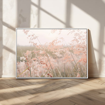 Soft pastel field with wild grasses in warm light, ideal for minimal nature or airy countryside-inspired interior wall decoration.