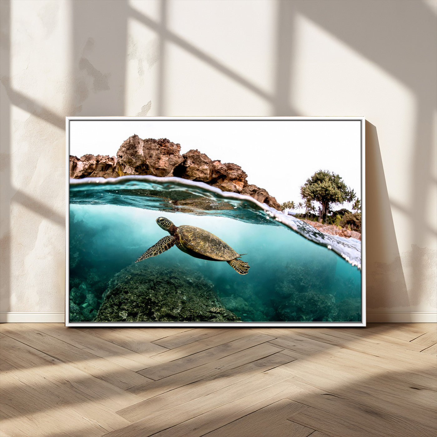 Dynamic split-view photo of a sea turtle swimming near rocky shores, perfect for vibrant coastal or tropical beach home decor.