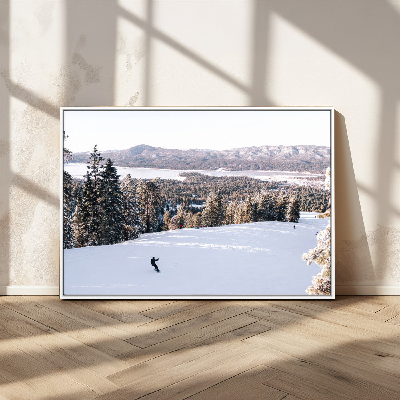 Canvas of a snowy mountain ski slope with pine trees and bright winter light, ideal for modern rustic or alpine-inspired home decor.