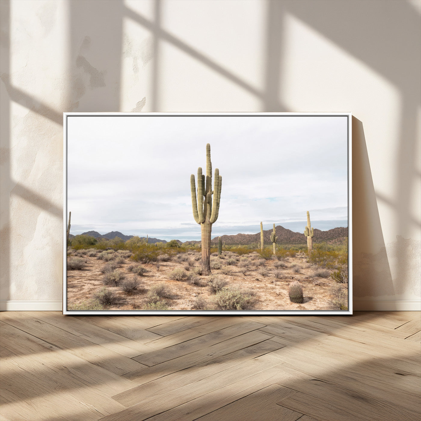 Canvas of a saguaro cactus in an earthy Sonoran desert landscape, ideal for Southwestern Boho or desert minimalism inspired home decor.   2/2