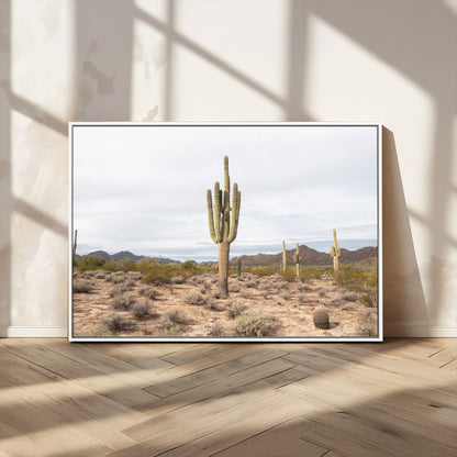 Canvas of a saguaro cactus in an earthy Sonoran desert landscape, ideal for Southwestern Boho or desert minimalism inspired home decor.   2/2