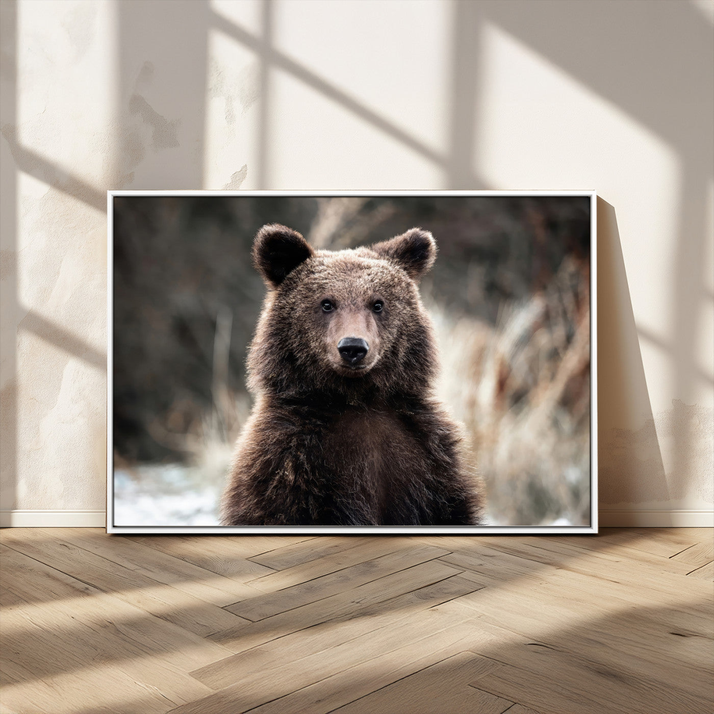 Canvas of a brown bear in soft earthy tones and moody forest light, ideal for rustic cabin or woodland nature-themed home decor.