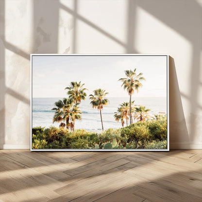 Framed print of sunlit palm trees on the California coast with warm tones, perfect for coastal minimalist or beach-style home decor.