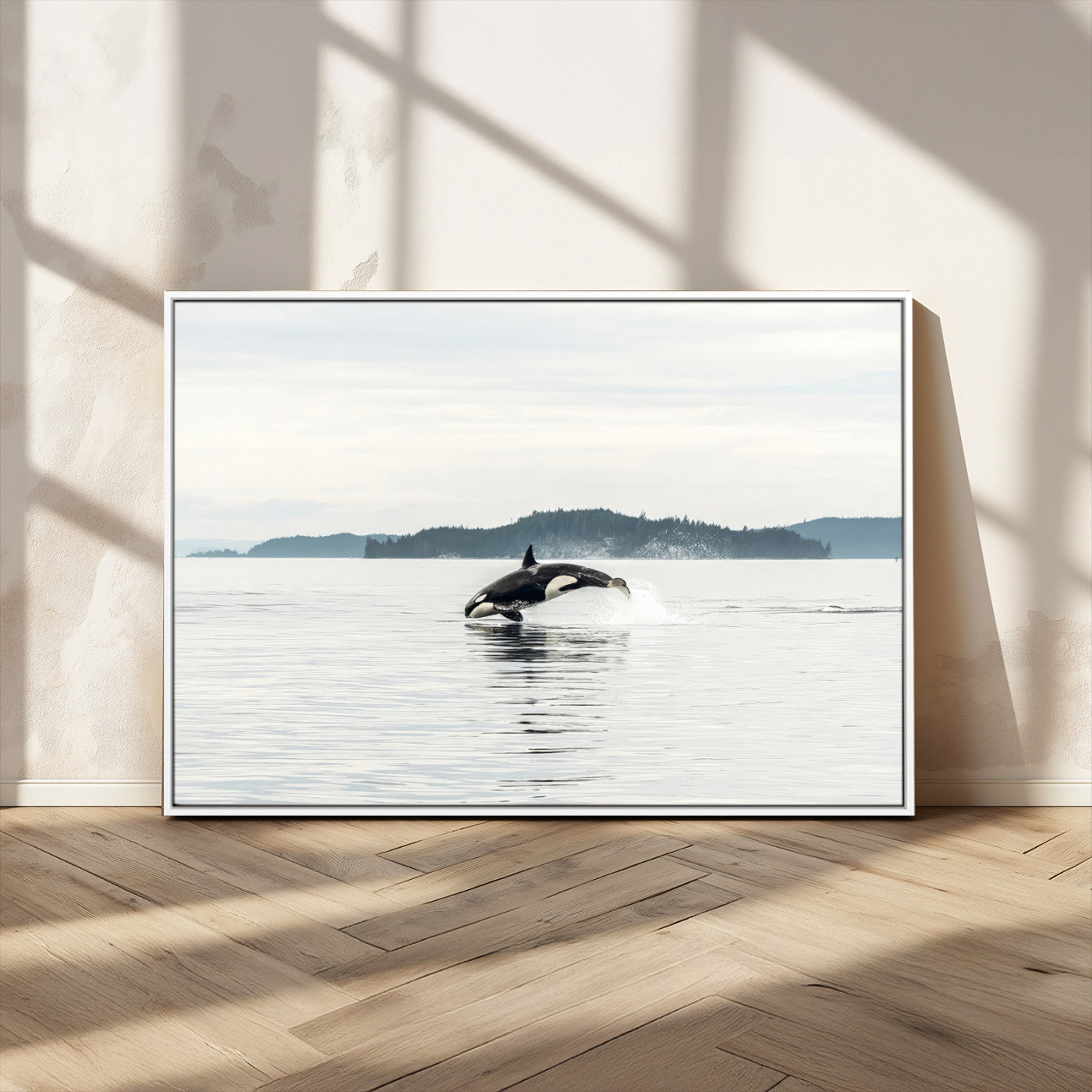An orca jumping out of calm ocean waters with a misty island in the background, creating a serene and minimalist marine wildlife scene.