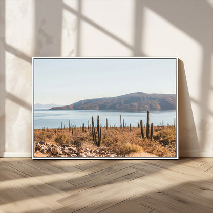 Warm desert landscape with cacti and coastal mountains, perfect for southwestern or earthy calm-themed home wall decor.