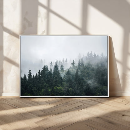 A misty evergreen forest shrouded in soft fog, creating a tranquil and moody landscape with lush green trees fading into the distance.
