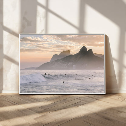 A surfer rides a golden hour wave near misty coastal mountains, surrounded by fellow surfers, capturing the spirit of a coastal adventure.