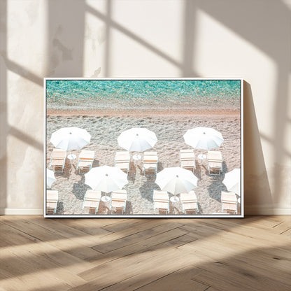 A bright beach scene with white umbrellas, pastel sand, and turquoise waters, creating a tranquil coastal vibe, perfect for beach house or summer decor.