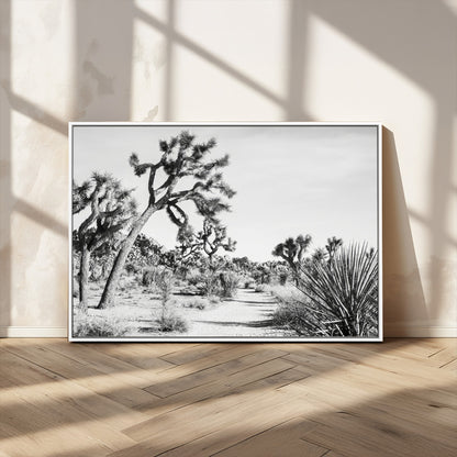 Canvas of a Joshua Tree forest in black and white tones, featuring a desert path and spiky vegetation, ideal for minimalist or rustic decor.