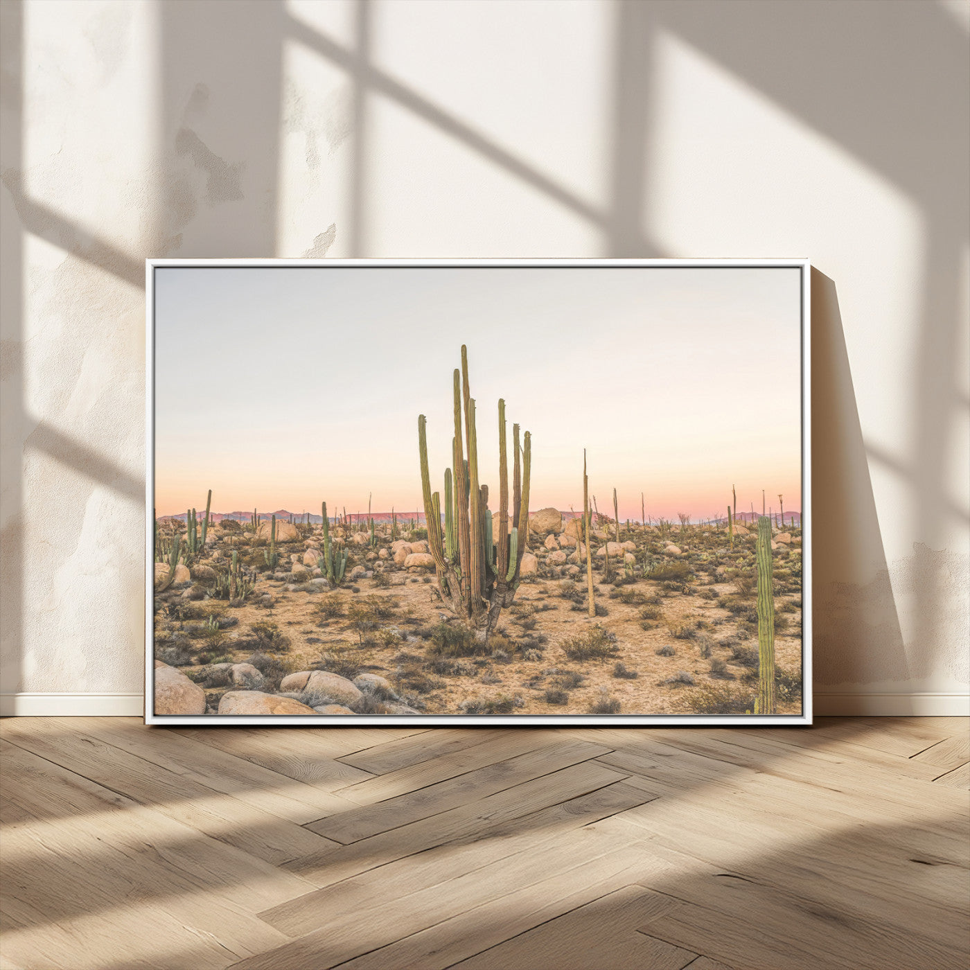 Canvas of tall desert cacti in warm sunset tones over a rocky Baja landscape, ideal for earthy or Southwestern-style home decor.