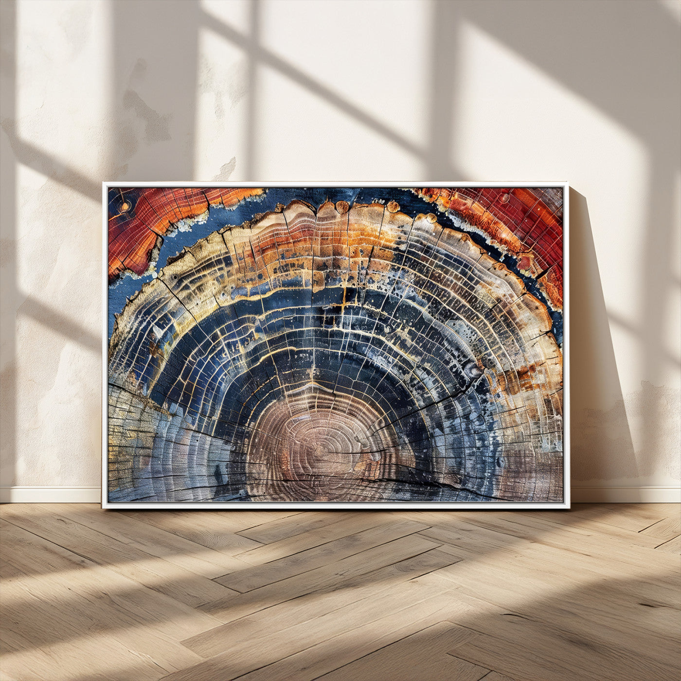 Vibrant tree ring with orange, brown, and blue tones in abstract detail, perfect for rustic or boho-inspired wall decor.