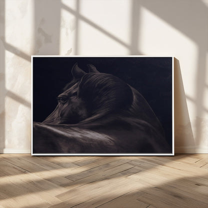 Close-up of a black horse with dramatic lighting on a dark background, perfect for rustic or masculine home decor.