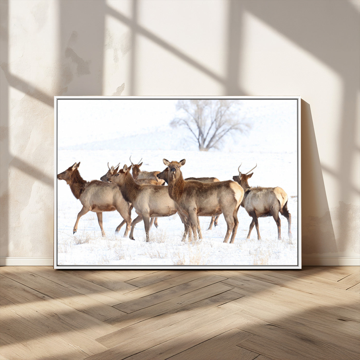 A group of elk standing on snowy terrain with a tree in the background, perfect for rustic or lodge-style winter wall decor.