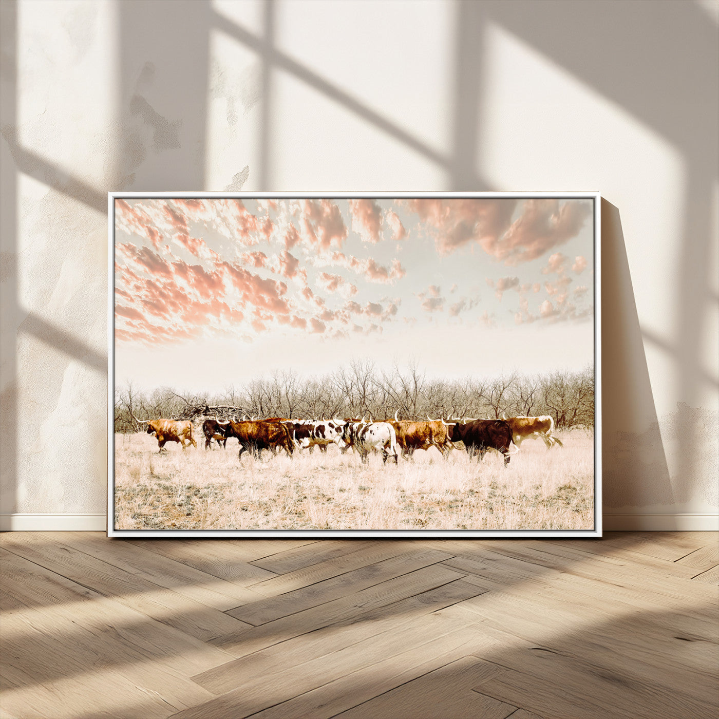 Cattle herd in a soft-toned field under a pastel pink sky, creating a peaceful rustic feel, perfect for farmhouse or western-themed spaces.